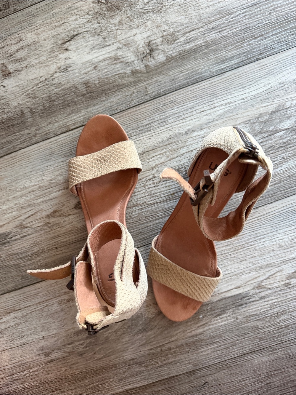 UGG Beige Woven Ankle-Strap Wedge Sandals